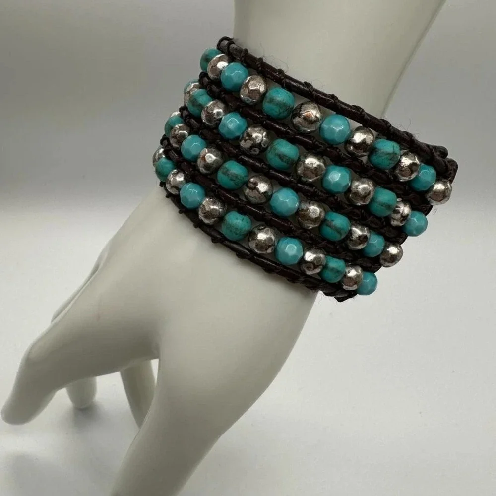 Fik Yung Boho Turquoise‎ Silver Tone Beaded Wrap Bracelet Brown Leather Snap